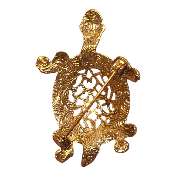 1928 Turtle Black Enamel Goldtone Filigree Brooch - Picture 4 of 4